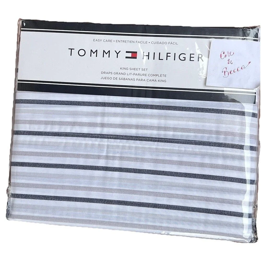 Tommy Hilfiger KING Bed Sheet Set Blue Gray Stripe Cotton Blend New